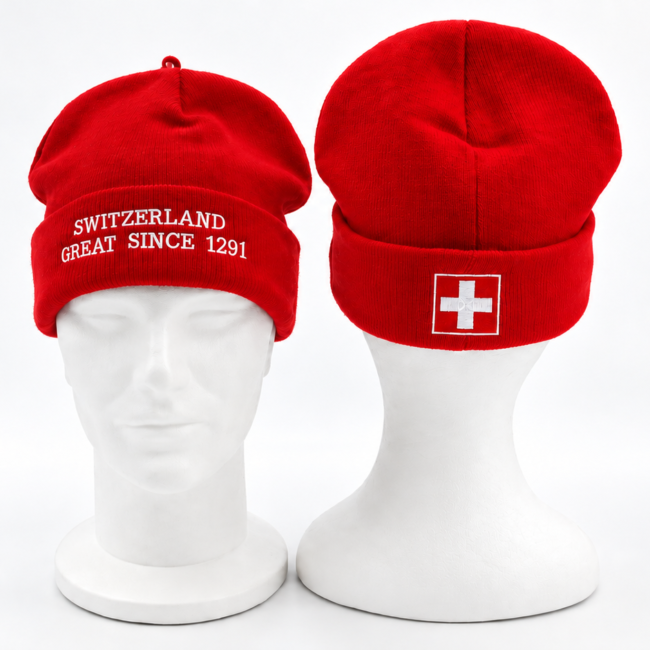 Strickmütze rot bestickt Switzerland