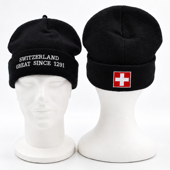 Strickmütze schwarz bestickt Switzerland